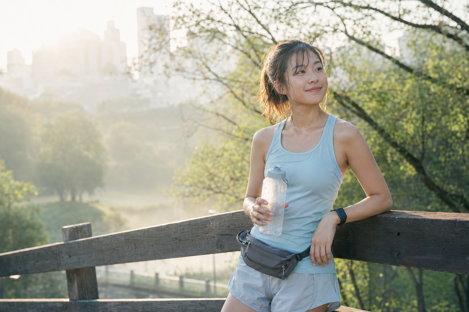 晨跑後在薄霧公園休息的年輕日系都會女性跑者