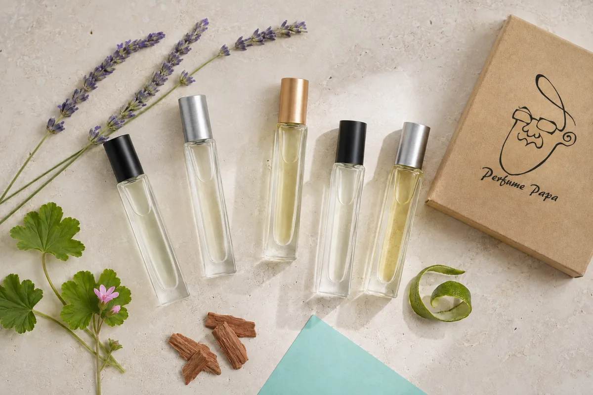 Perfume Papa 多支配方隨身瓶與香材平拍